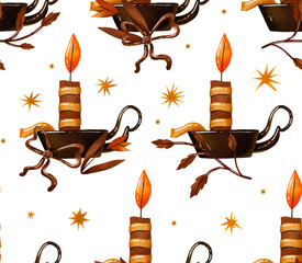 Easter Candle pattern Christian Holiday.  Holiday   floral branches. Hand drawn spring illustration on isolated background