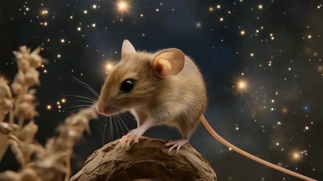 Mouse explores a cosmic landscape surrounded by stars and golden dust