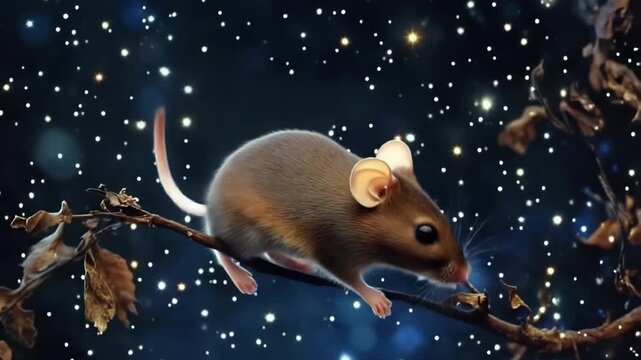 Mouse explores a cosmic landscape surrounded by stars and golden dust