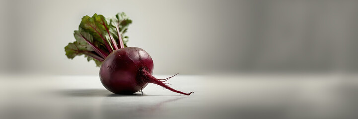 A vibrant beetroot with rich purple skin and fresh green leaves rests on a smooth surface, illuminated by soft light, showcasing its natural beauty and organic appeal