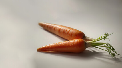 Two vibrant orange carrots with lush green tops are positioned on a soft gradient background, showcasing their natural texture and color, ideal for culinary or health-related themes
