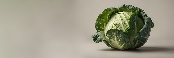 A vibrant green cabbage sits prominently on a neutral background, showcasing its textured leaves and round shape, providing ample copy space for design purposes and culinary themes
