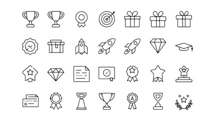 A grid of 24 minimalist line icons is presented on a white background, all adhering to a consistent, simple outline style.