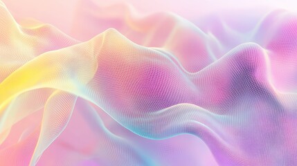 Abstract digital mesh creating gentle undulating waves with a vibrant holographic pastel color gradient, representing data flow, network connectivity, and modern technology