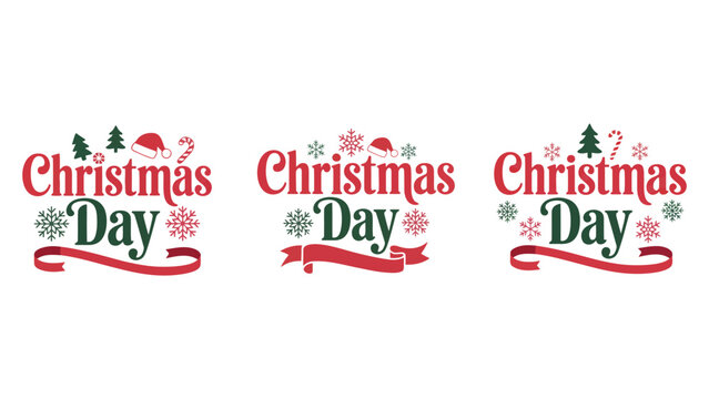 Festive Christmas Day graphics with snowflakes and ribbons
