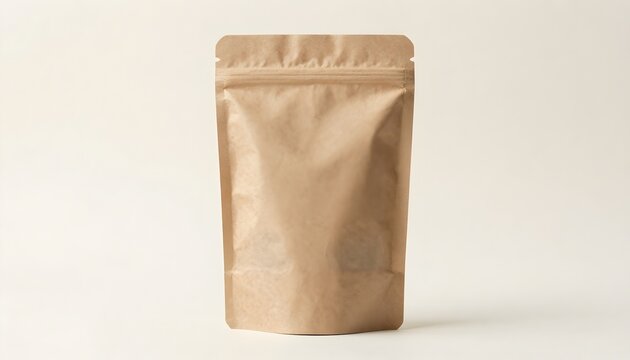 A close-up shot of a blank standing pouch made of eco-friendly brown paper, offering a versatile template for product branding and packaging design.