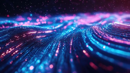 Abstract background showing blue and pink glowing particles forming a dynamic wave pattern, representing data transfer, internet communication, and artificial intelligence concepts