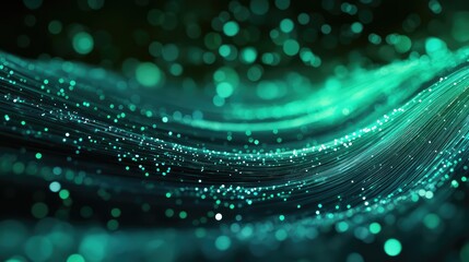 Abstract network of glowing teal fiber optic lines transmitting data and information particles, symbolizing global connectivity, technology, and futuristic digital communication