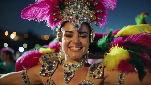 Happy young dressed woman dance and celebrate brazilian carnival in the city - Party, festive and event concept - Models by AI generative