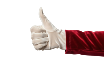 Isolated Santa Claus arm in red velvet suit with white gloves giving thumbs up gesture