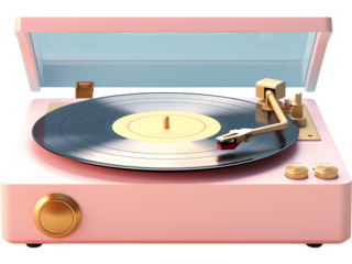 Pastel pink vintage record player with minimal design, isolated on transparent background. Suitable for modern retro concepts and music themed illustrations.