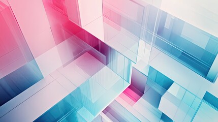 Overlapping translucent cubes and glowing planes form a futuristic digital network, blending pink, blue and white hues to suggest data flow, connection, depth and modern technological architecture