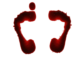A hyperrealistic ultra-close-up of two dark red, viscous, splattered human blood footprints with distinct drips on a transparent background, a chilling crime scene atmosphere