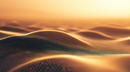 Abstract digital landscape featuring glowing data points forming undulating waves and curves, representing flow, connection, and technological advancement in a warm color gradient