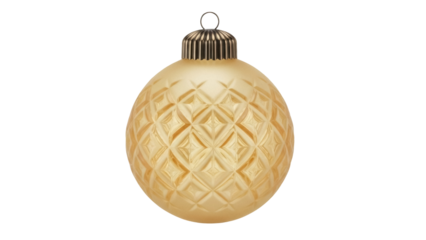 Isolated shiny gold Christmas bauble with an etched geometric diamond pattern for Xmas decor