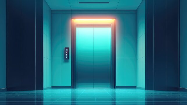 Futuristic elevator interface with metallic doors and neon lighting creates a sense of modern technology, connectivity, and progress within a smart building environment - Powered by Adobe