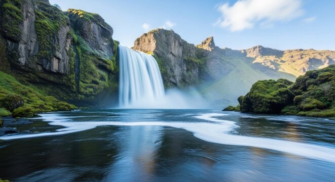A majestic waterfall cascades down a rocky cliff into a serene pool below, surrounded by lush greenery and a clear blue sky. - Powered by Adobe