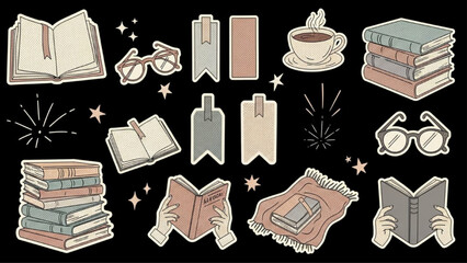 Aesthetic Book Lover Modern Retro Halftone Reading Sticker Set on Black Background