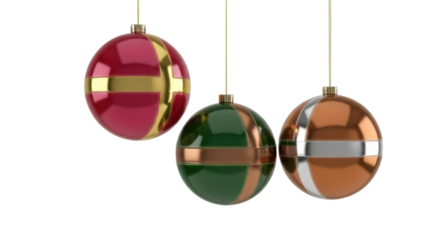 Isolated holiday ornaments in red green and bronze with golden bands for holiday decor