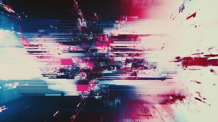 Abstract digital data streaming across the frame, showcasing fragmented pixels and horizontal lines in red, blue, and white colors, representing modern technology errors and breakdown