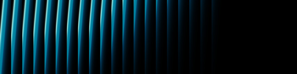 Panoramic banner. Diagonal azure teal gradient stripes on black background. Iridescent glowing bars resemble holographic tubes cut at an angle, giving a futuristic abstract effect.