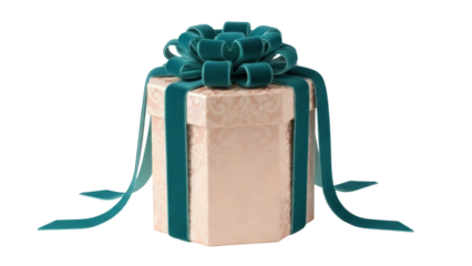 Isolated gift box with a teal bow and ribbon, elegant package for a birthday or holiday present