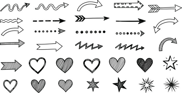 Collection of hand drawn arrows hearts and stars vector graphics