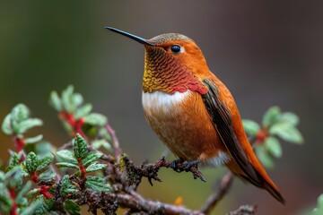 Naklejka premium Allens hummingbird perched on a branch displaying vibrant plumage against a blurred natural background