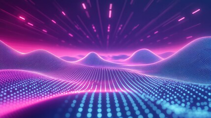 Vibrant abstract digital landscape features glowing dots forming undulating waves, illustrating concepts of data visualization, big data processing, and future technology