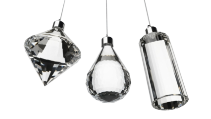 Isolated crystal pendant lights with various geometric shapes suspend from above, elegant