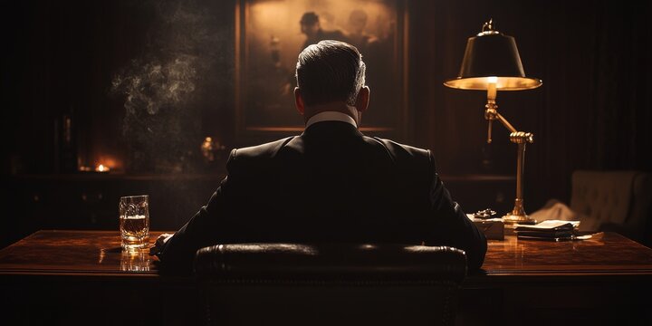 Powerful mafia boss sitting at desk in luxurious office