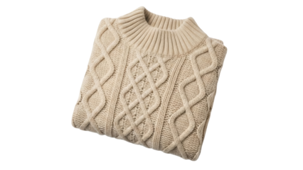 Isolated beige knit sweater with cable knit pattern, thick ribbed collar on solid color backdrop