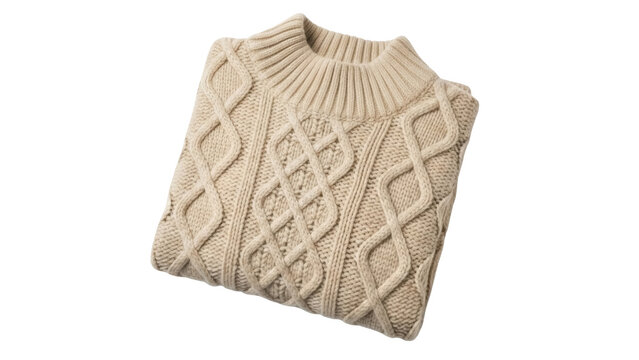 Isolated beige knit sweater with cable knit pattern, thick ribbed collar on solid color backdrop
