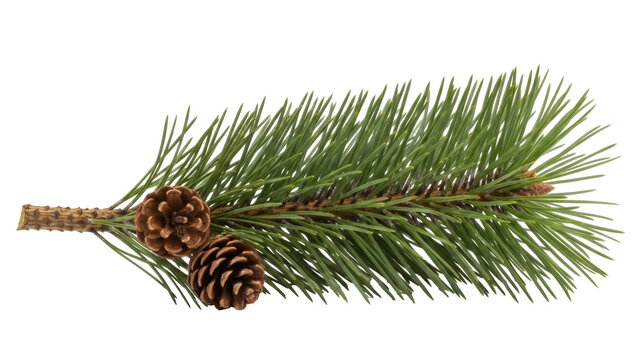 Isolated Pine branch, natural evergreen bough with two pinecones, forest decoration element