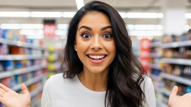 Woman with a surprised expression in a supermarket aisle, eyes wide, mouth open