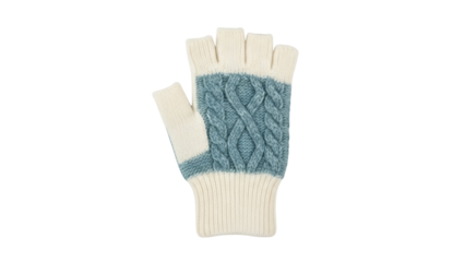Isolated knitted mitten glove with open fingers, hand warmer for winter, cream and blue wool