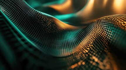 Abstract 3d rendering showing undulating metallic surface with a technical wireframe grid pattern illuminated by contrasting teal and orange light, representing digital technology concepts