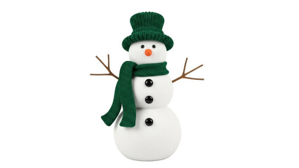 Isolated Snowman wearing a green hat and scarf standing upright for Christmas or winter