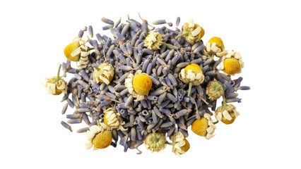 Isolated chamomile flowers and lavender dried, floral mix in heap, aromatic therapy herbs © Natalia