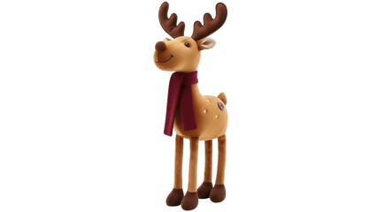 Isolated reindeer plush toy with a scarf stands upright, waiting for Christmas gifts © Natalia