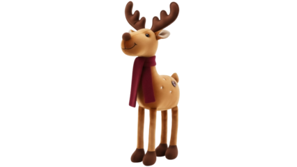 Isolated reindeer plush toy with a scarf stands upright, waiting for Christmas gifts