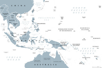 Southeast Asia, Melanesia, and Micronesia, gray political map. Countries south of China and east of India, with subregions of Oceania Micronesia and Melanesia, and northern part of Australasia. Vector