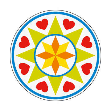 Hex sign with eight-pointed stars and hearts, a symbol of love and good luck. Motif in the style of Pennsylvania Dutch folk art. Multi colored 8-pointed stars with red hearts and blue borders. Vector