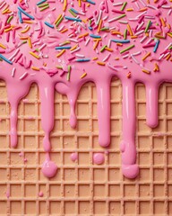 Top-down view of pink melted ice cream dripping over waffle texture with rainbow sprinkles, playful dessert concept.