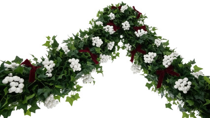 Isolated holiday greenery garland with white berries and red ribbon accents, no background