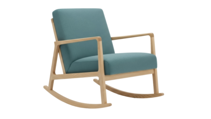 Isolated rocking chair featuring a light-wood frame and blue-green upholstery, comfortable seating
