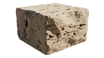 Isolated brick block of rough porous sandstone material, building element for construction