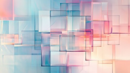 Abstract background creating a futuristic visual effect with overlapping pastel colored translucent squares and rectangles, representing modern technology, connection, and data