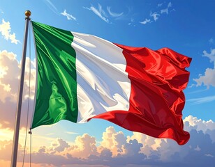 A vibrant tricolor flag flutters in the breeze against a backdrop of a partially cloudy blue sky during golden hour