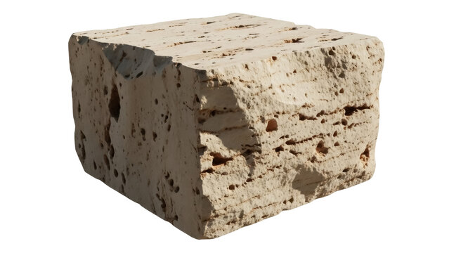 Isolated brick block of rough porous sandstone material, building element for construction